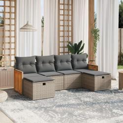 Salon de jardin 6 pcs avec coussins gris r&eacute;sine tress&eacute;e