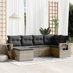 Salon de jardin 6 pcs avec coussins gris r&eacute;sine tress&eacute;e
