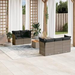 Salon de jardin 6 pcs avec coussins gris r&eacute;sine tress&eacute;e