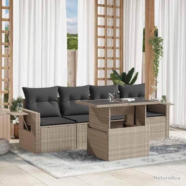 Salon de jardin 5 pcs avec coussins gris clair r�sine tress�e