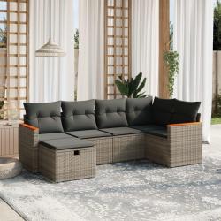 Salon de jardin 6 pcs avec coussins gris r&eacute;sine tress&eacute;e