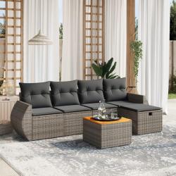 Salon de jardin 6 pcs avec coussins gris r&eacute;sine tress&eacute;e