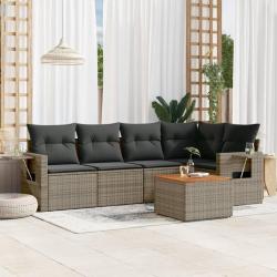 Salon de jardin 6 pcs avec coussins gris r&eacute;sine tress&eacute;e