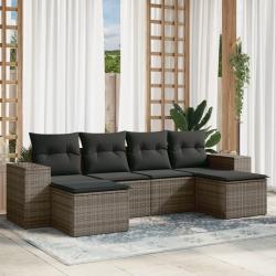 Salon de jardin 6 pcs avec coussins gris r&eacute;sine tress&eacute;e