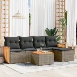 Salon de jardin 6 pcs avec coussins gris r&eacute;sine tress&eacute;e
