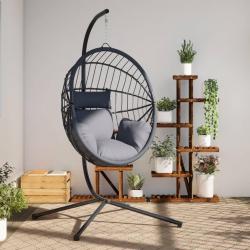 Chaise suspendue forme d'oeuf et support gris clair rotin acier