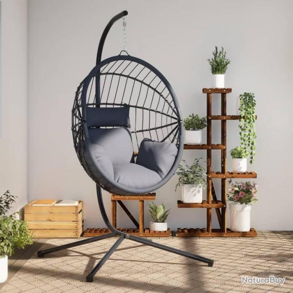 Chaise suspendue forme d'oeuf et support gris clair rotin acier