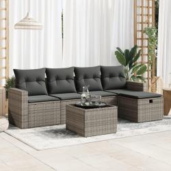 Salon de jardin 6 pcs avec coussins gris r&eacute;sine tress&eacute;e