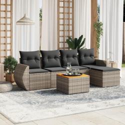 Salon de jardin 6 pcs avec coussins gris r&eacute;sine tress&eacute;e