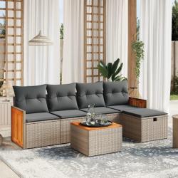 Salon de jardin 6 pcs avec coussins gris r&eacute;sine tress&eacute;e