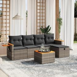 Salon de jardin 6 pcs avec coussins gris r&eacute;sine tress&eacute;e