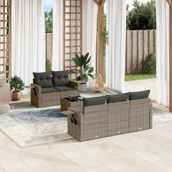 Salon de jardin 6 pcs avec coussins gris r&eacute;sine tress&eacute;e