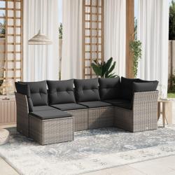 Salon de jardin 6 pcs avec coussins gris r&eacute;sine tress&eacute;e