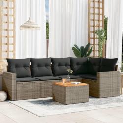 Salon de jardin 6 pcs avec coussins gris r&eacute;sine tress&eacute;e
