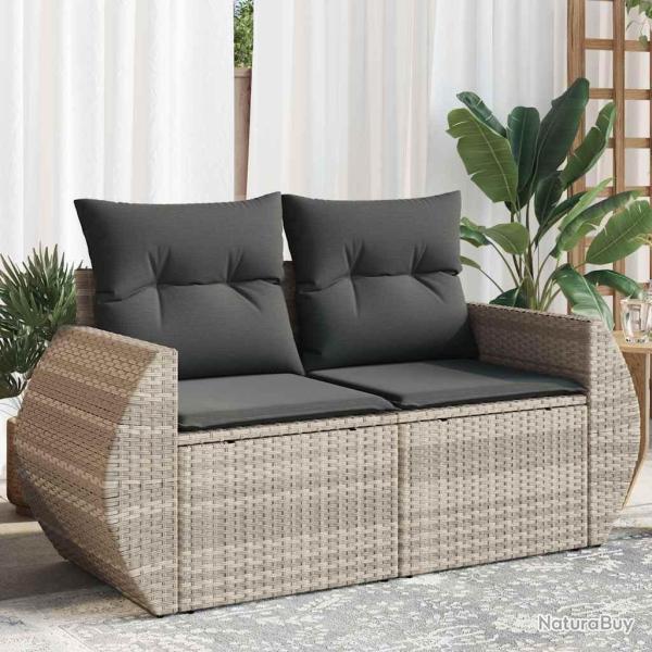 Canap� de jardin 2 places et coussins gris clair r�sine tress�e