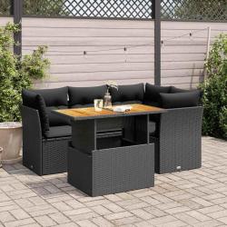 Salon de jardin 5 pcs avec coussins noir r&eacute;sine tress&eacute;e