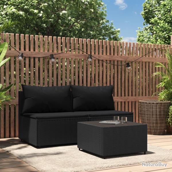 Salon de jardin 3 pcs avec coussins Noir R�sine tress�e