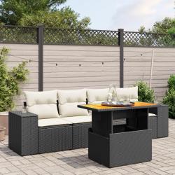 Salon de jardin 5 pcs avec coussins noir r&eacute;sine tress&eacute;e