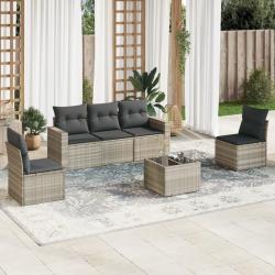 Salon de jardin 6 pcs avec coussins gris clair r&eacute;sine tress&eacute;e