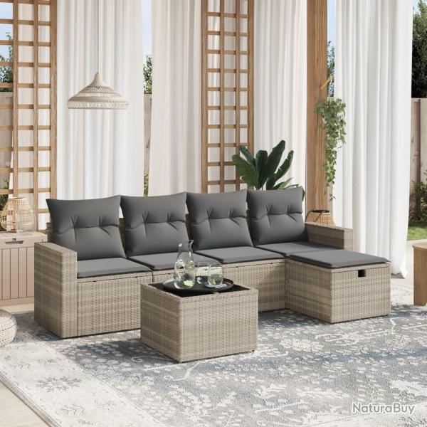 Salon de jardin 6 pcs avec coussins gris clair r�sine tress�e