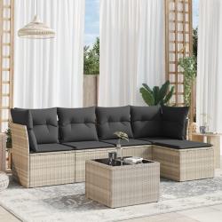 Salon de jardin 6 pcs avec coussins gris clair r&eacute;sine tress&eacute;e