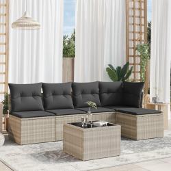 Salon de jardin 6 pcs avec coussins gris clair r&eacute;sine tress&eacute;e