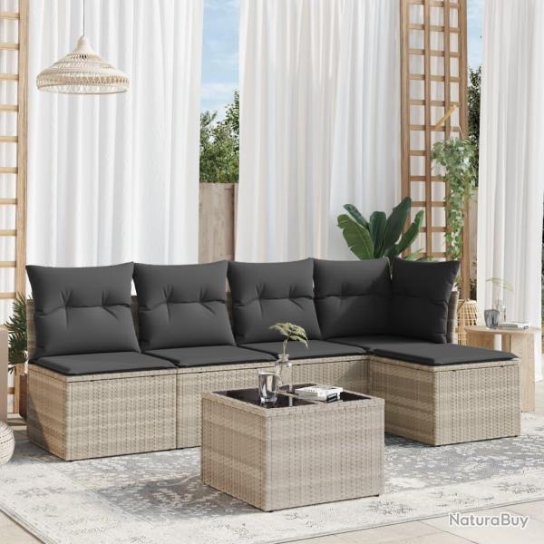 Salon de jardin 6 pcs avec coussins gris clair r�sine tress�e