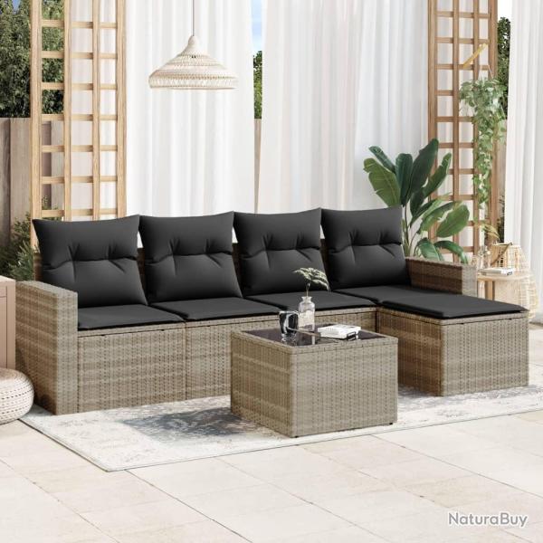Salon de jardin 6 pcs avec coussins gris clair r�sine tress�e