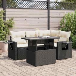 Salon de jardin 5 pcs avec coussins noir r&eacute;sine tress&eacute;e