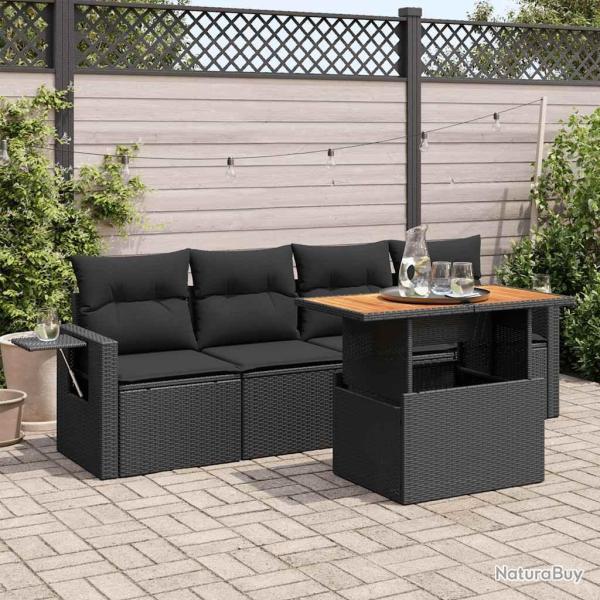 Salon de jardin 5 pcs avec coussins noir r�sine tress�e