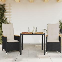 Ensemble de bistro 3 pcs avec coussins noir r&eacute;sine tress&eacute;e