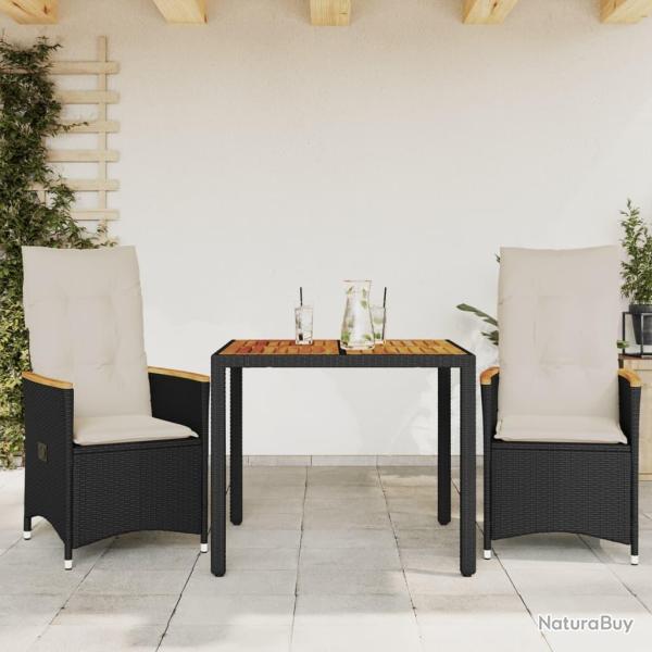 Ensemble de bistro 3 pcs avec coussins noir r�sine tress�e