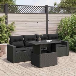 Salon de jardin 5 pcs avec coussins noir r&eacute;sine tress&eacute;e