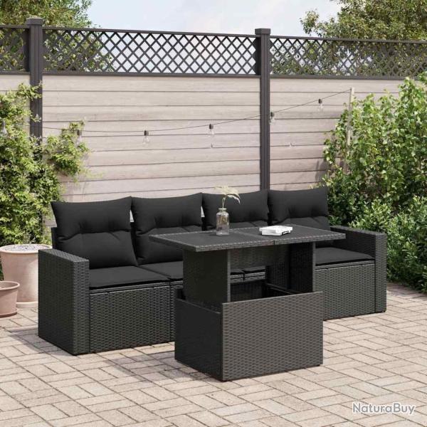 Salon de jardin 5 pcs avec coussins noir r�sine tress�e