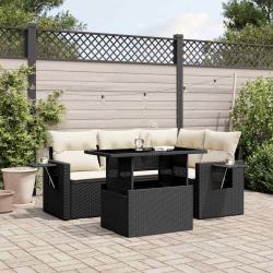 Salon de jardin 5 pcs avec coussins noir r&eacute;sine tress&eacute;e