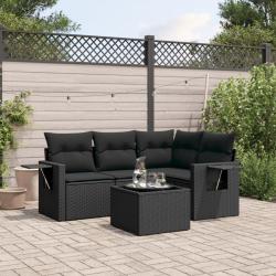 Salon de jardin 5 pcs avec coussins noir r&eacute;sine tress&eacute;e