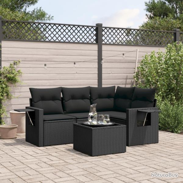 Salon de jardin 5 pcs avec coussins noir r�sine tress�e