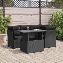 Salon de jardin 5 pcs avec coussins noir r&eacute;sine tress&eacute;e