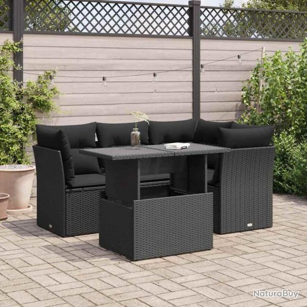 Salon de jardin 5 pcs avec coussins noir r�sine tress�e