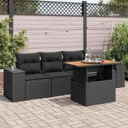 Salon de jardin 5 pcs avec coussins noir r&eacute;sine tress&eacute;e