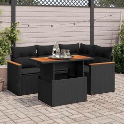 Salon de jardin 5 pcs avec coussins noir r&eacute;sine tress&eacute;e acacia