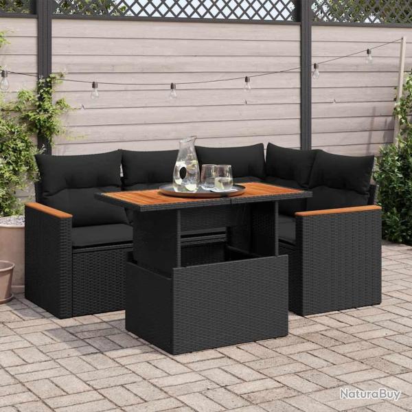 Salon de jardin 5 pcs avec coussins noir r�sine tress�e acacia