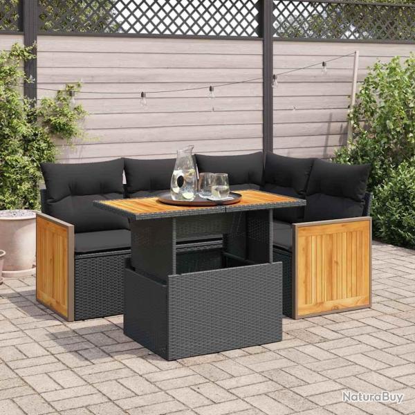 Salon de jardin 5 pcs avec coussins noir r�sine tress�e acacia