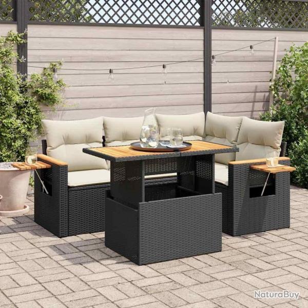 Salon de jardin 5 pcs avec coussins noir r�sine tress�e acacia