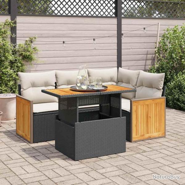Salon de jardin 5 pcs avec coussins noir r�sine tress�e acacia