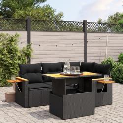 Salon de jardin 5 pcs avec coussins noir r&eacute;sine tress&eacute;e