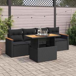 Salon de jardin 5 pcs avec coussins noir r&eacute;sine tress&eacute;e acacia