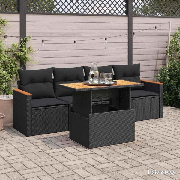 Salon de jardin 5 pcs avec coussins noir r�sine tress�e acacia