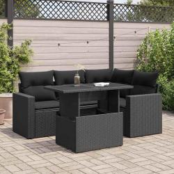 Salon de jardin 5 pcs avec coussins noir r&eacute;sine tress&eacute;e
