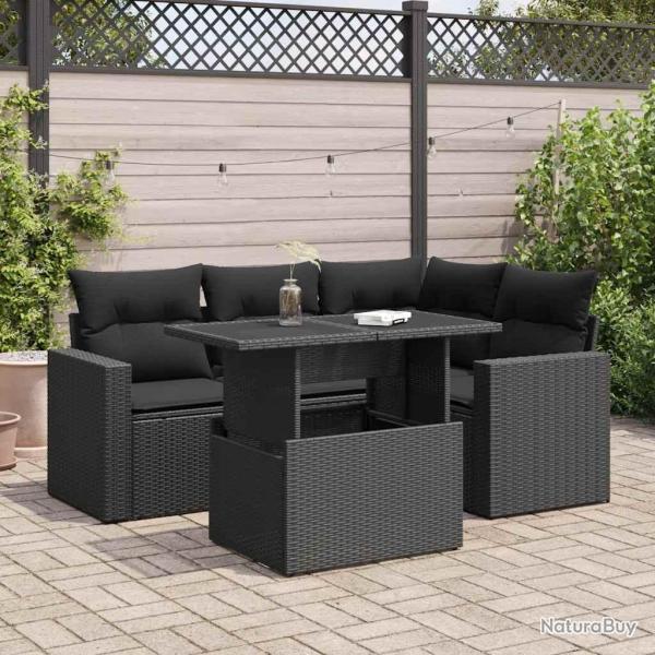 Salon de jardin 5 pcs avec coussins noir r�sine tress�e